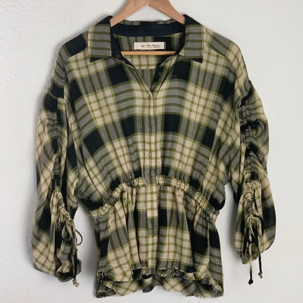 Free People Pacific Dawn Black Plaid Top Sz S